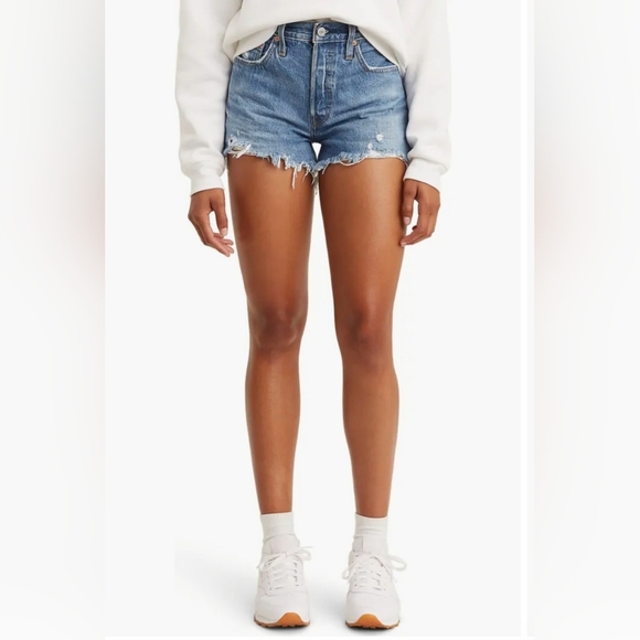 Levis 501 Light Wash Distressed Jean Shorts - Picture 1 of 12
